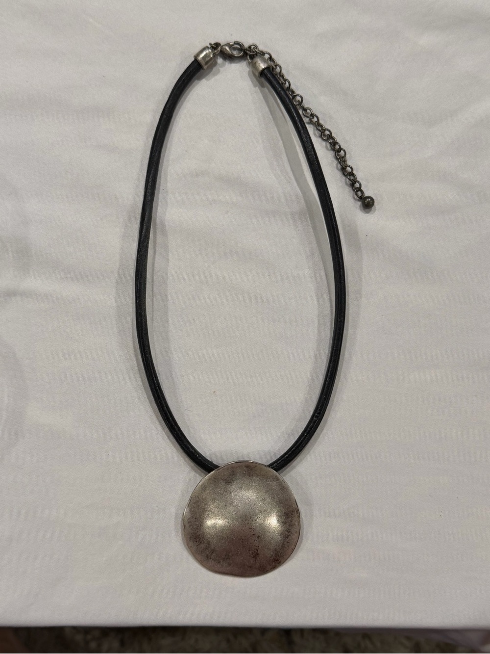 Black Leather Necklace with Silver Disc Pendant - Women Jewelry
